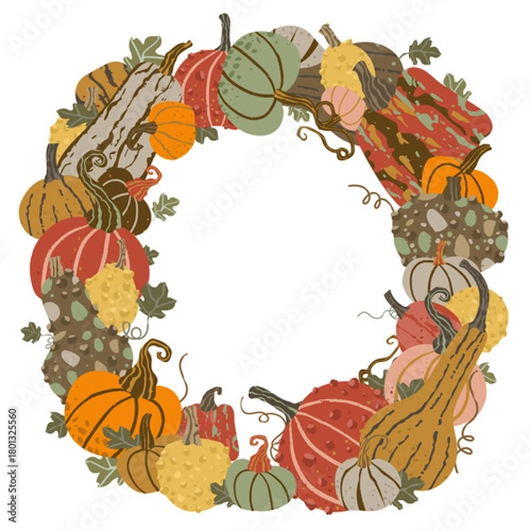 Fototapeta Wreath of pumpkins and squash with a white background and it looks like a fall decoration