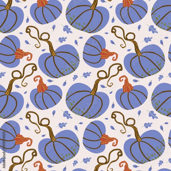 Obraz Seamless pattern of blue pumpkins with orange leaves and stems on a beige background