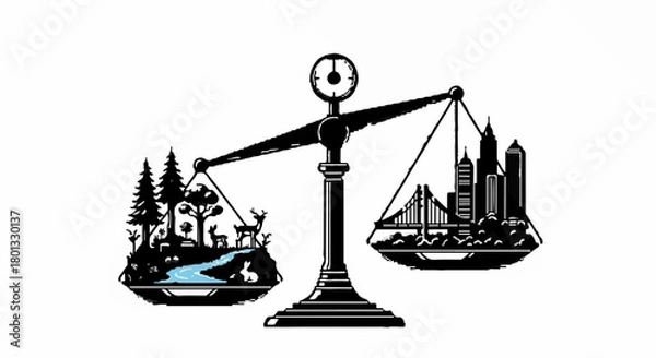 Fototapeta Scales of justice balancing nature and urban development, representing environmental choices.