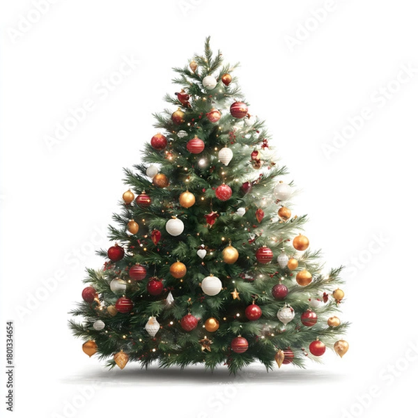 Fototapeta Christmas tree with ornaments hanging hyperrealistic, white background
