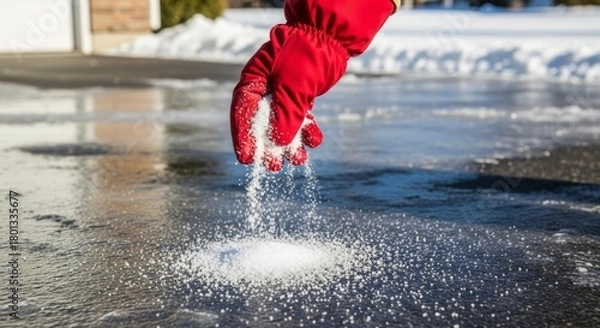 Obraz Winter safety concept: hand in red glove sprinkling salt on icy pavement