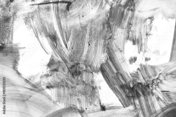 Fototapeta Monochrome abstract texture with dynamic brush strokes in black and white. Modern art, 2000s style, bold fluid lines. Posters, backgrounds, digital artworks, contemporary designs.