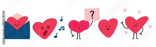 Fototapeta Cute Heart Characters Set. Minimal vector illustration of happy heart personages collection. Simple romantic emoticons and mascots.