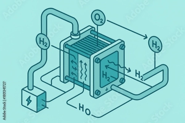 Fototapeta Innovative hydrogen fuel cell diagram illustrating electrochemical process and energy conversion featuring H2 and O2 interactions revealing sustainable technology principles
