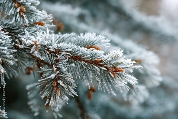 Fototapeta Frosted fir tree branch closeup with snow on evergreen needles winter scene