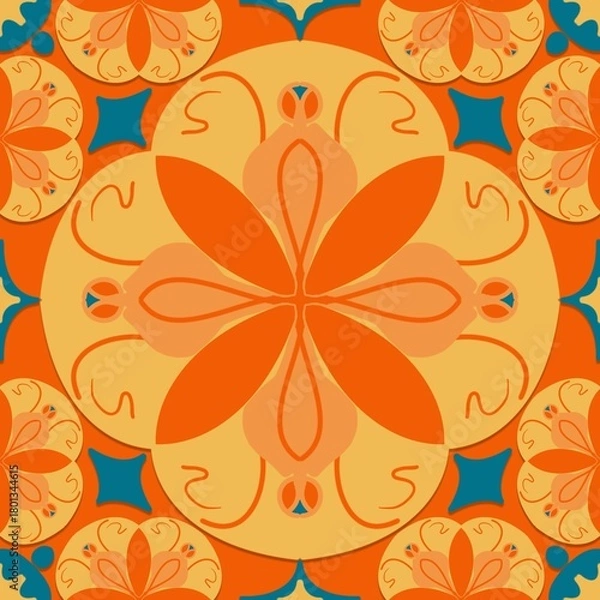 Fototapeta abstract floral background,orange, blue curves ,painted create to flowershape, leaves, orange background in geometric patterns as sarong,fabric,tile,printed fabric,batik,tablecloth patterns.