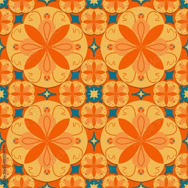 Obraz seamless pattern with flowers,orange, blue curves ,painted create to flowershape, leaves, orange background in geometric patterns as sarong,fabric,tile,printed fabric,batik,tablecloth patterns.
