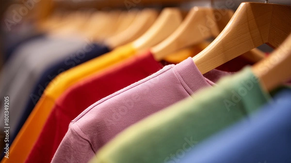 Fototapeta カラフルなTシャツが掛かったハンガーラック