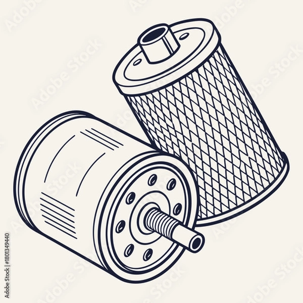 Fototapeta Illustration of two oil filters, one standing and one lying down, with detailed mesh and line patterns, isolated on