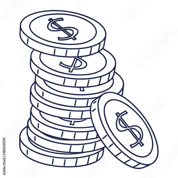 Fototapeta Illustration of a stack of coins with a dollar sign on them, isolated on the coins are stacked on top of each other, and there is one coin leaning against the stack