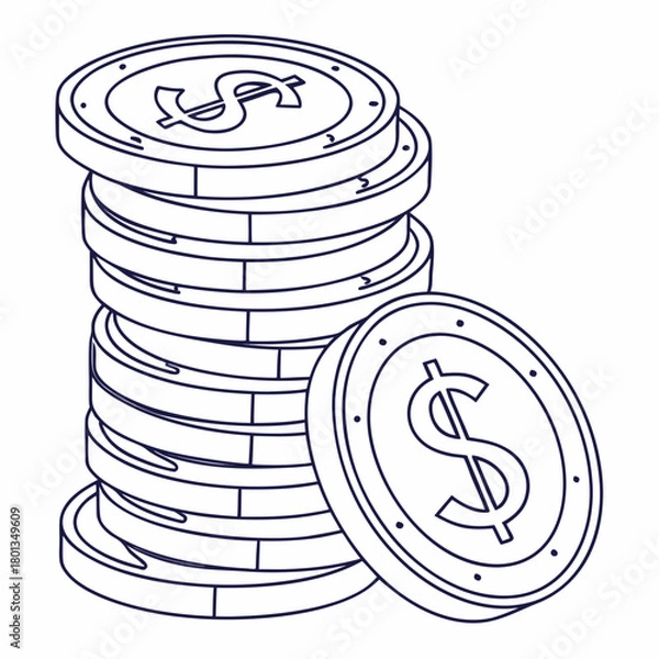 Fototapeta Illustration of a stack of coins with a dollar sign on them, isolated on the coins are stacked on top of each other, and there is one coin leaning against the stack