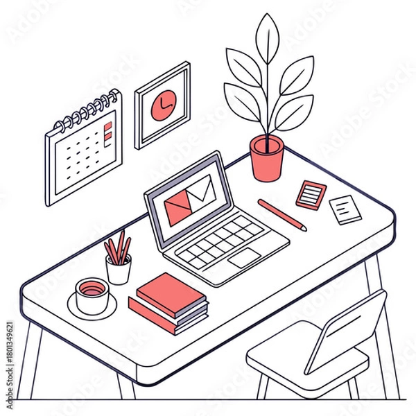 Fototapeta Isometric workspace illustration featuring a desk with a laptop, stationery, a cup of coffee, books, a plant, a calendar, and a chair, creating a cozy and productive work environment isolated on