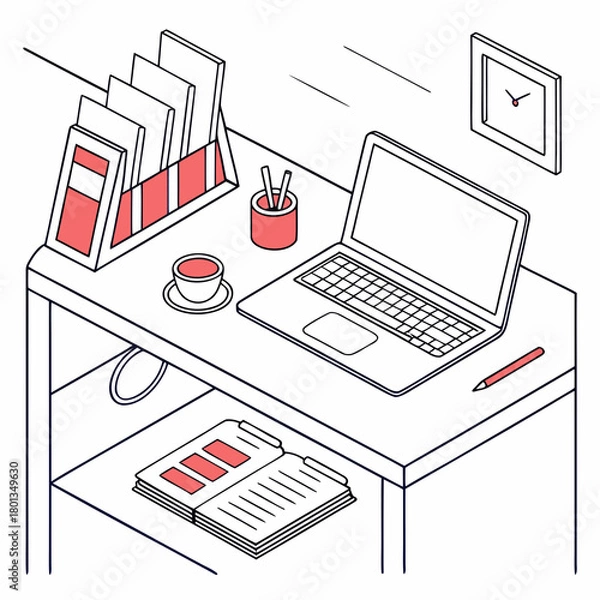Fototapeta Isometric workspace illustration featuring a desk with a laptop, stationery, a cup of coffee, and a notebook, creating a cozy and productive work environment isolated on