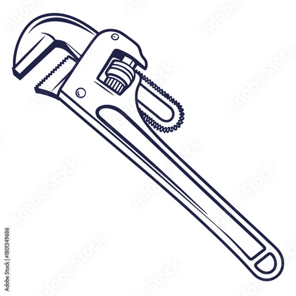 Fototapeta Illustration of a pipe wrench isolated on vector drawing of a plumbing tool for repair and maintenance work in vintage style