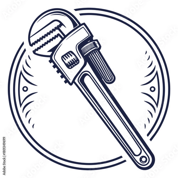 Fototapeta Illustration of a pipe wrench in a circle isolated on vector drawing of a plumbing tool for repair and maintenance work in vintage style