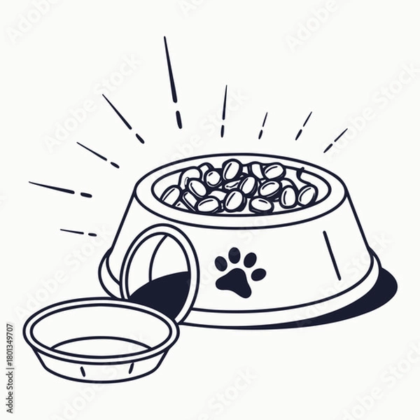 Fototapeta Illustration of a dog bowl full of food, with a paw print on the side and a smaller bowl next to it isolated on vector drawing of pet supplies