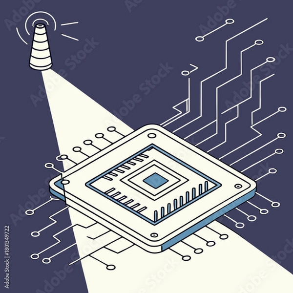 Fototapeta Isometric illustration of a microchip emitting a signal, representing wireless communication, technology, and connectivity isolated on the design is minimalist