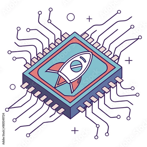 Fototapeta Illustration of a microchip with a rocket on it, representing technology, innovation, and progress isolated on the design is clean and modern