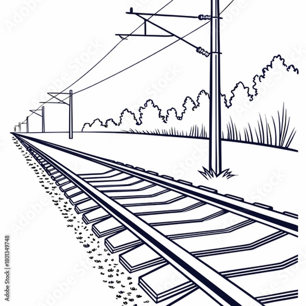 Fototapeta A monochrome illustration showcases a railway track stretching into the distance, complete with overhead power lines and a backdrop of trees, isolated on