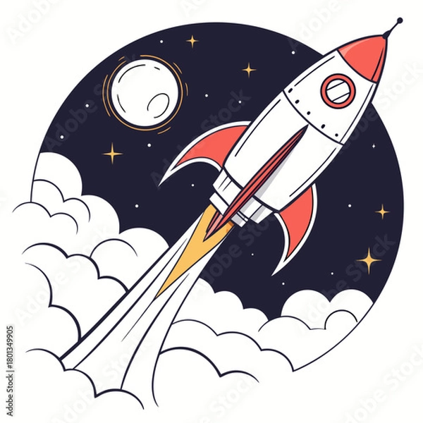 Fototapeta A whimsical cartoon illustration of a rocket ship soaring through a starry night sky, surrounded by fluffy clouds and a radiant moon, isolated on