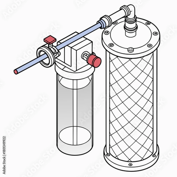 Fototapeta Illustration of a water filtration system with multiple cartridges and a valve, designed to purify water by removing impurities, isolated on