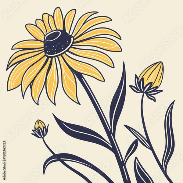 Fototapeta A botanical illustration of a yellow coneflower with buds and leaves, featuring a simple and elegant design, isolated on