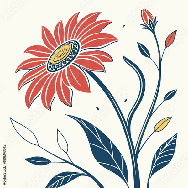 Fototapeta Stylized red flower with blue leaves and stem on a cream background, a botanical illustration with a modern, minimalist aesthetic isolated on