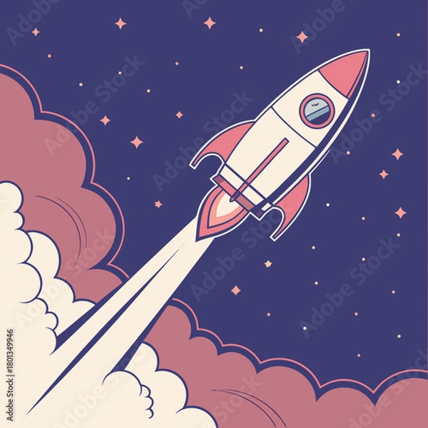 Fototapeta A retrostyle cartoon illustration of a rocket ship launching into a starry sky with stylized clouds and a vintage color palette, isolated on