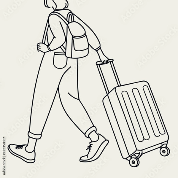 Fototapeta A person walking with a rolling suitcase isolated on, perfect for travel, vacation, and luggagerelated designs