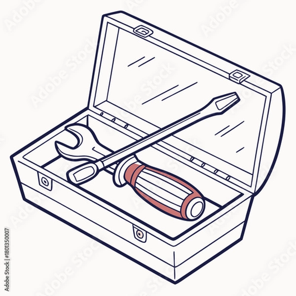 Fototapeta Illustration of a toolbox with a screwdriver and wrench inside, representing tools, repair, maintenance, and construction, isolated on