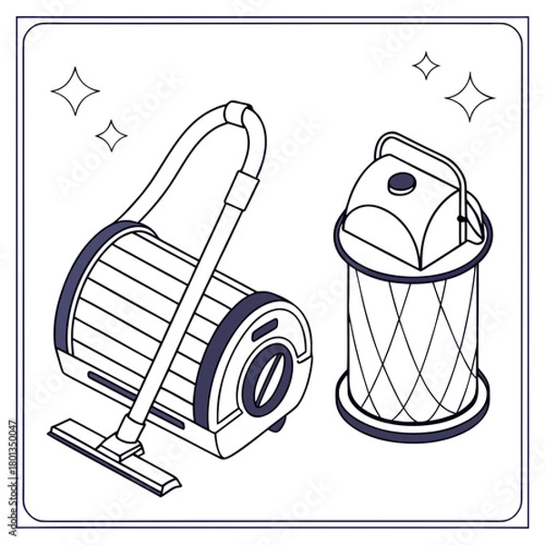 Fototapeta Isometric illustration of a vacuum cleaner and dust collector, isolated on, showcasing cleaning equipment in a simple and modern design