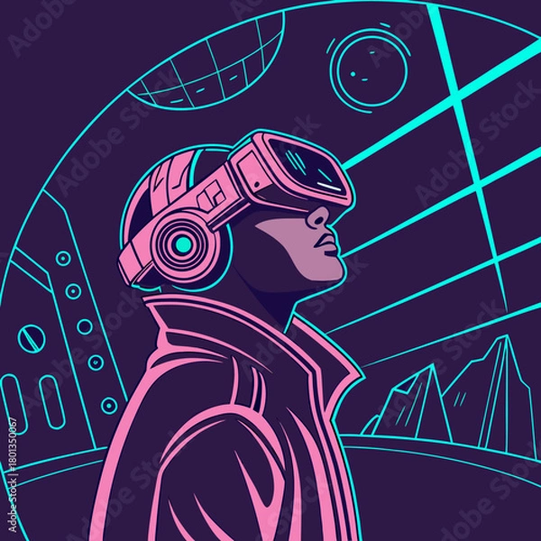 Fototapeta A person wearing vr glasses immersed in a futuristic world with neon lights, exploring digital landscapes and virtual realities, isolated on