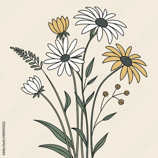 Fototapeta A delightful arrangement of wildflowers, showcasing daisies and golden blossoms, all rendered in a charming handdrawn style against a serene, neutral backdrop