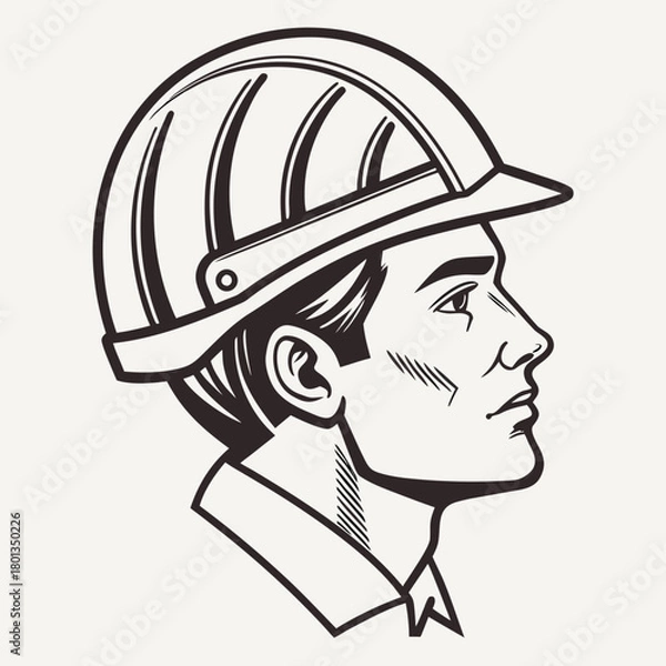Fototapeta Illustration of a male construction worker wearing a hard hat, showcasing safety and protection in the workplace, emphasizing the importance of protective gear isolated on