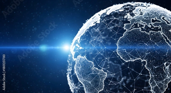 Fototapeta Digital earth globe with glowing network connections, symbolizing global communication and technology on a dark blue background