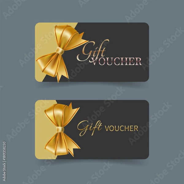 Obraz Golden voucher or gift card, golden discount certificate. A set of isolated templates for a gift coupon with a bow. Vector illustration