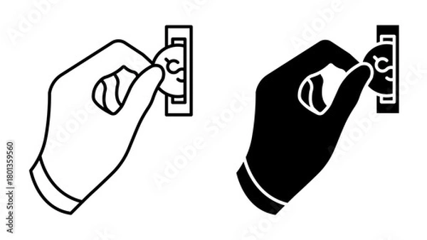 Fototapeta Linear icon. Consumer deposits US dollar coin and tops up balance of a bank card via a coin acceptor banking terminal. Simple vector isolated on white background