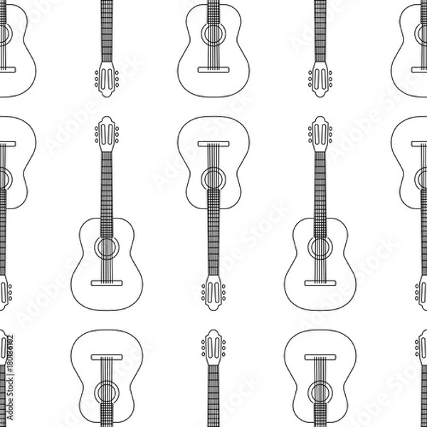 Obraz Seamless pattern from acoustic guitar icon black contour on white background of vector illustration