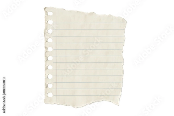 Fototapeta Torn lined paper sheet with punch holes, providing empty space for message, note, or reminder on transparent background
