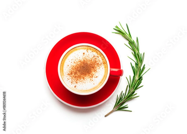 Obraz  Overhead view of a cappuccino in a red cup, decorated with cinnamon and fresh rosemary sprigs on a clean white background. Minimalist coffee photography