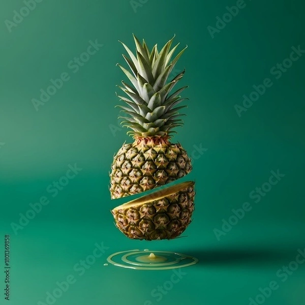 Fototapeta A pineapple with a slice removed, floating above a liquid splash on a solid green background, creating a surreal and visually striking image