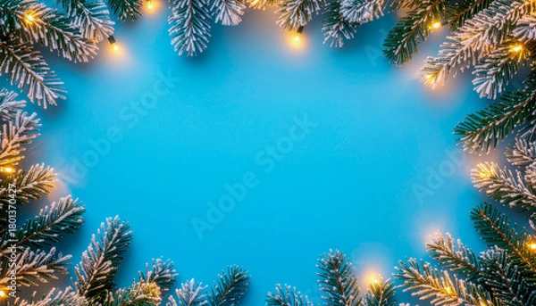 Fototapeta A festive frame of snow-dusted pine branches and warm fairy lights on a bright blue background.