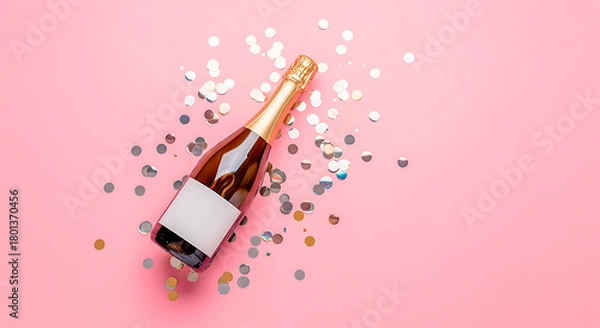 Fototapeta A bottle of champagne with a blank label lies on a pink background surrounded by silver and gold confetti.