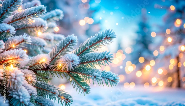 Fototapeta A close-up of a snow-covered pine tree branch adorned with twinkling Christmas lights, set against a blurred background of a winter forest with more bokeh lights.