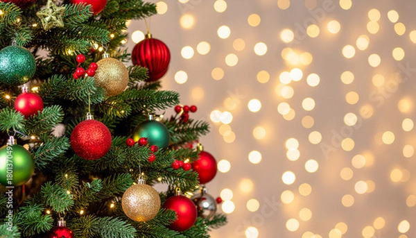 Fototapeta A close-up shot of a beautifully decorated Christmas tree with colorful ornaments and twinkling lights.