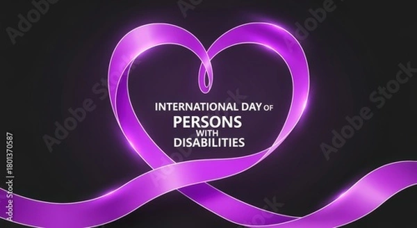 Fototapeta Purple ribbon forming a heart shape with text 'International Day of Persons with Disabilities' inside, symbolizing awareness and support.