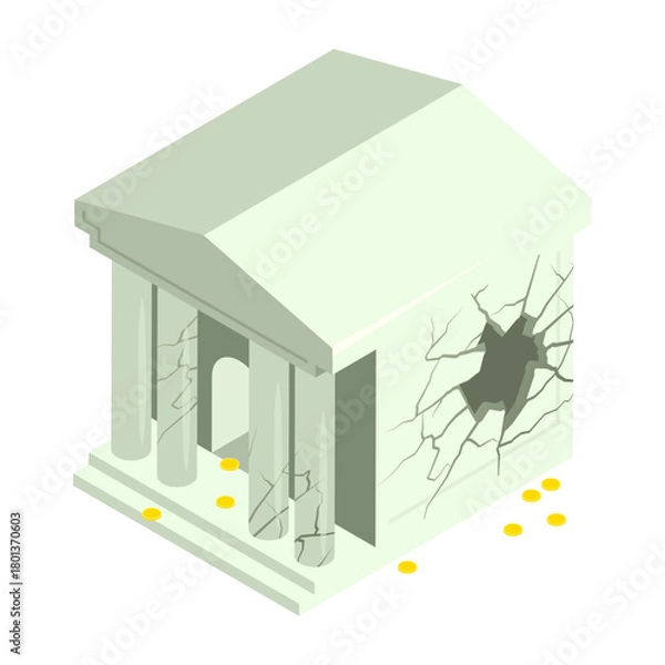 Fototapeta Isometric finance department bank building was damaged by financial crisis. Isolated cartoon vector on white background top view