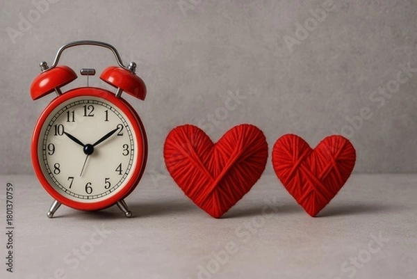 Obraz Romantic time red clock and heart decorations home decor cozy setting close-up love concept