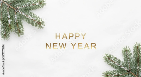 Fototapeta Elegant Happy New Year text with frosted pine branches on a white background.