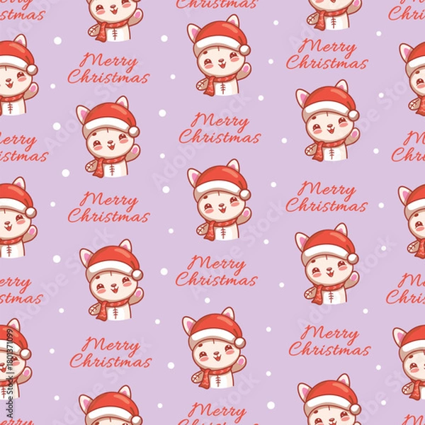 Obraz Seamless vector Christmas pattern with a bunny in a Santa hat and the inscription "Merry Christmas", holiday vector illustration